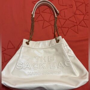 Marc Jacobs White Leather The Sack Bag Shoulder Tote with Gold Chain Straps